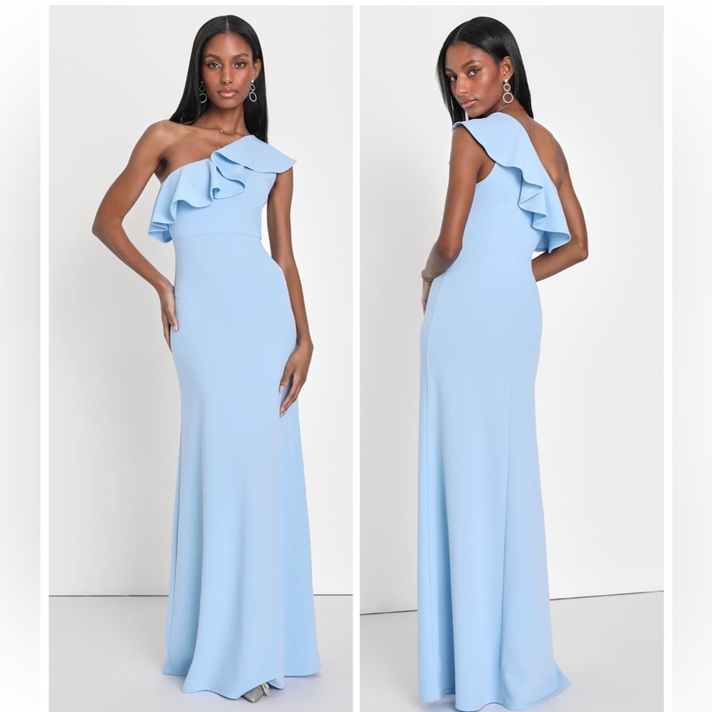 Lulus Last Forever Powder Blue One-Shoulder Ruffle Maxi Dress Size Small Formal
